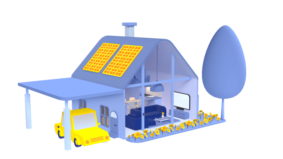 Cartoonillustratie van een huis met zonnepanelen en een geel autootje onder de carport