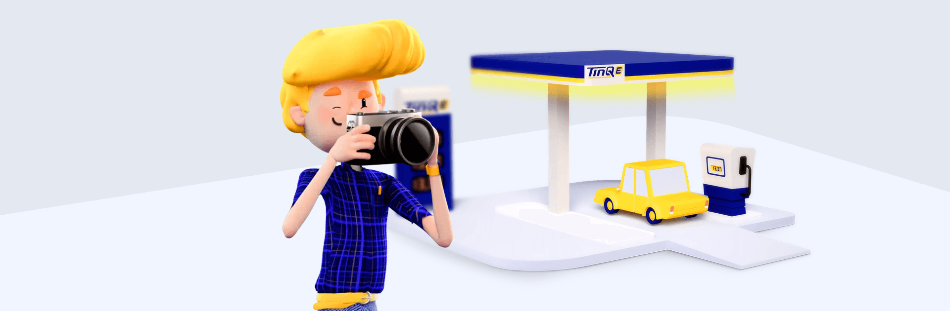 Cartoonillustratie van Tim die met een analoge camera een foto maakt bij een TinQ tankstation