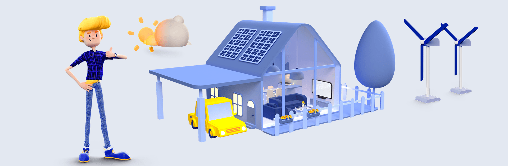 Cartoonillustratie van Tim met een duim omhoog bij een huis met zonnepanelen en een auto onder de carport