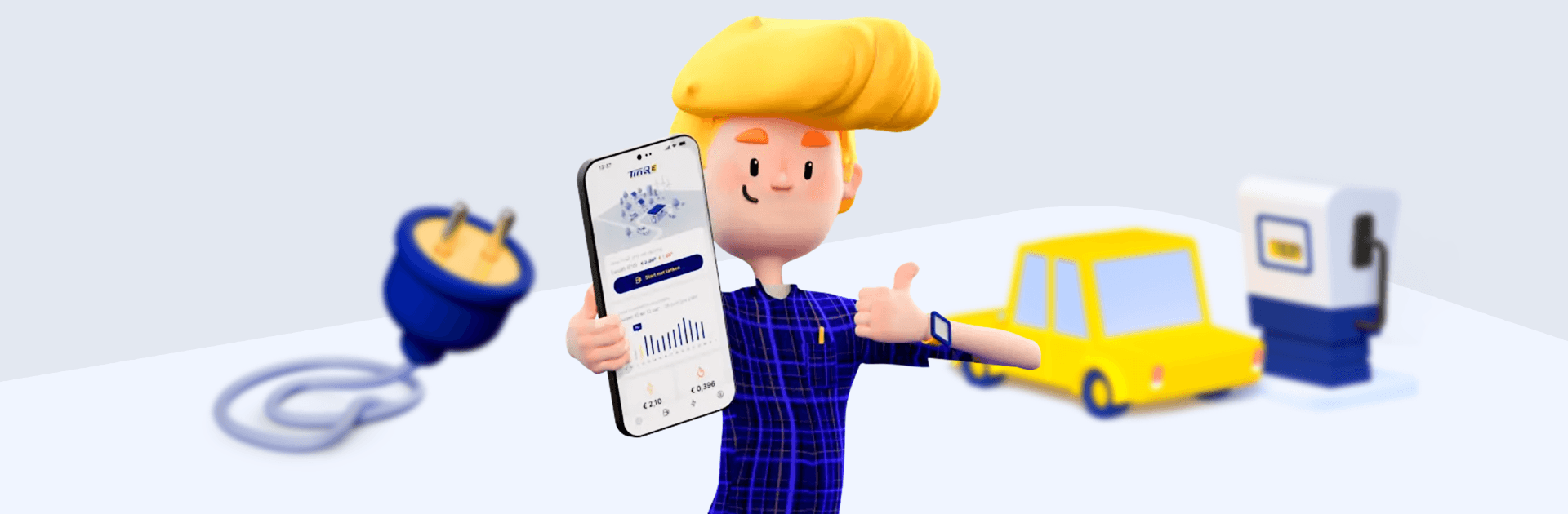 Cartoonillustratie van Tim met de TinQE app op zijn smartphone