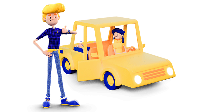 Cartoonillustratie van Tim die een duim opsteekt met een gele auto op de achtergrond waarin zijn vrouw zit en een baby op de achterbank
