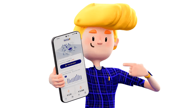 Cartoonillustratie van Tim met een smartphone waarop de TinQE app te zien is