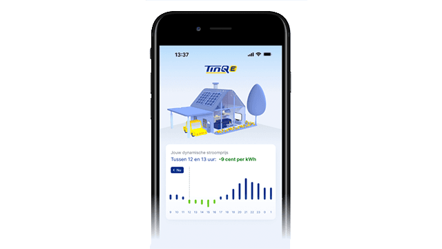 Smartphone met screenshot van de TinQE app waarop energieverbruik en kosten zichtbaar zijn