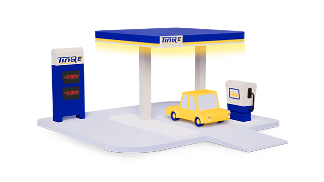 Cartoonillustratie van een geel autootje bij een TinQ tankstation